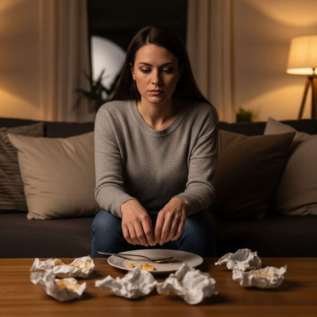 Woman sitting alone looking thoughtfully, representing the binge eating struggle.