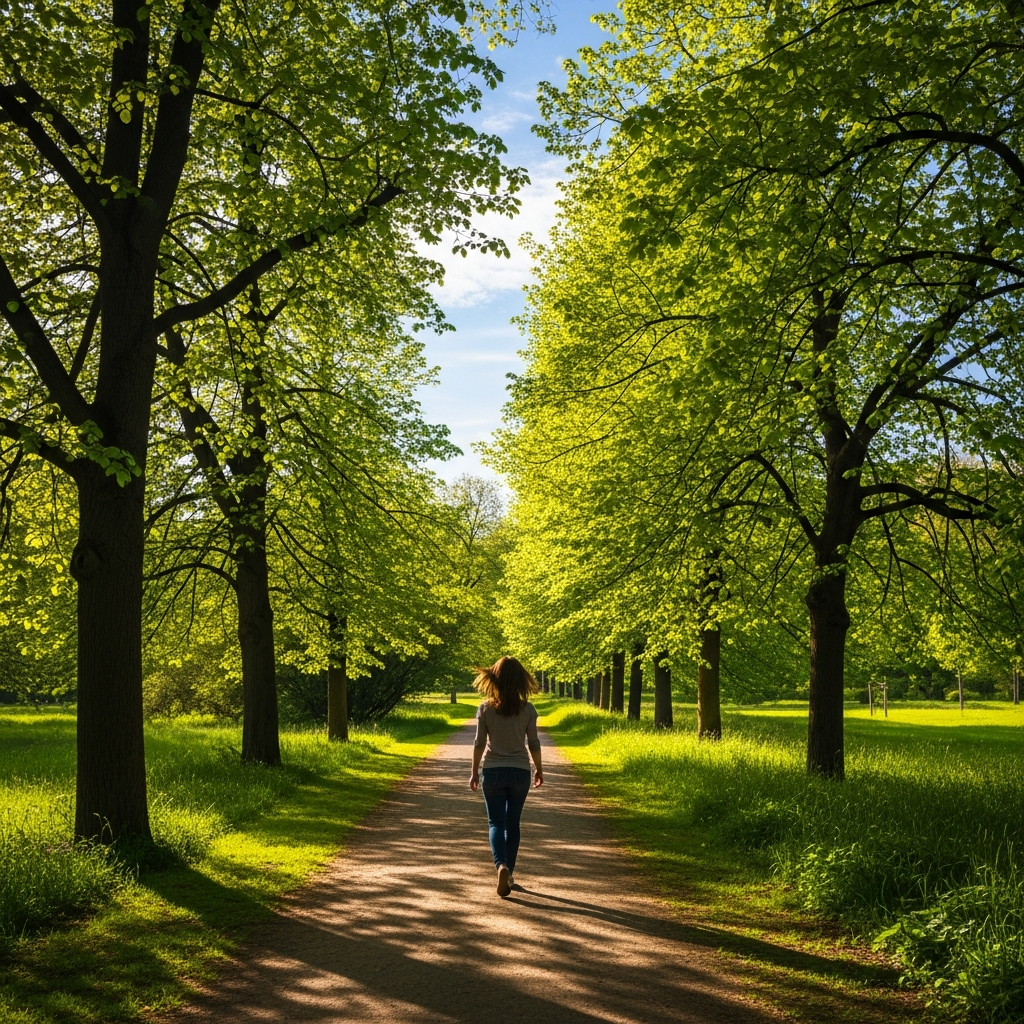 Woman walking confidently through a beautiful park, representing freedom from binge eating.