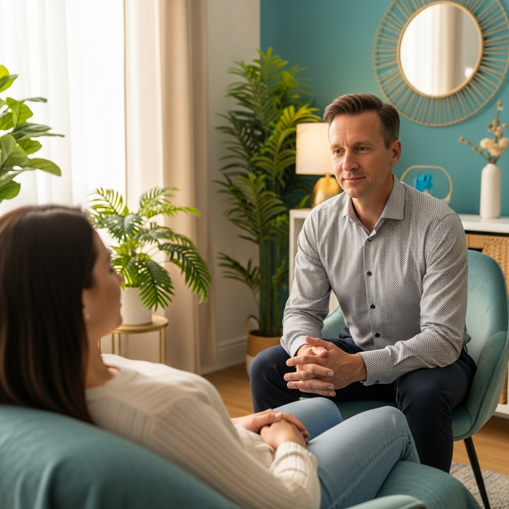 Calm hypnotherapy session — therapist and client in a peaceful, professional setting.