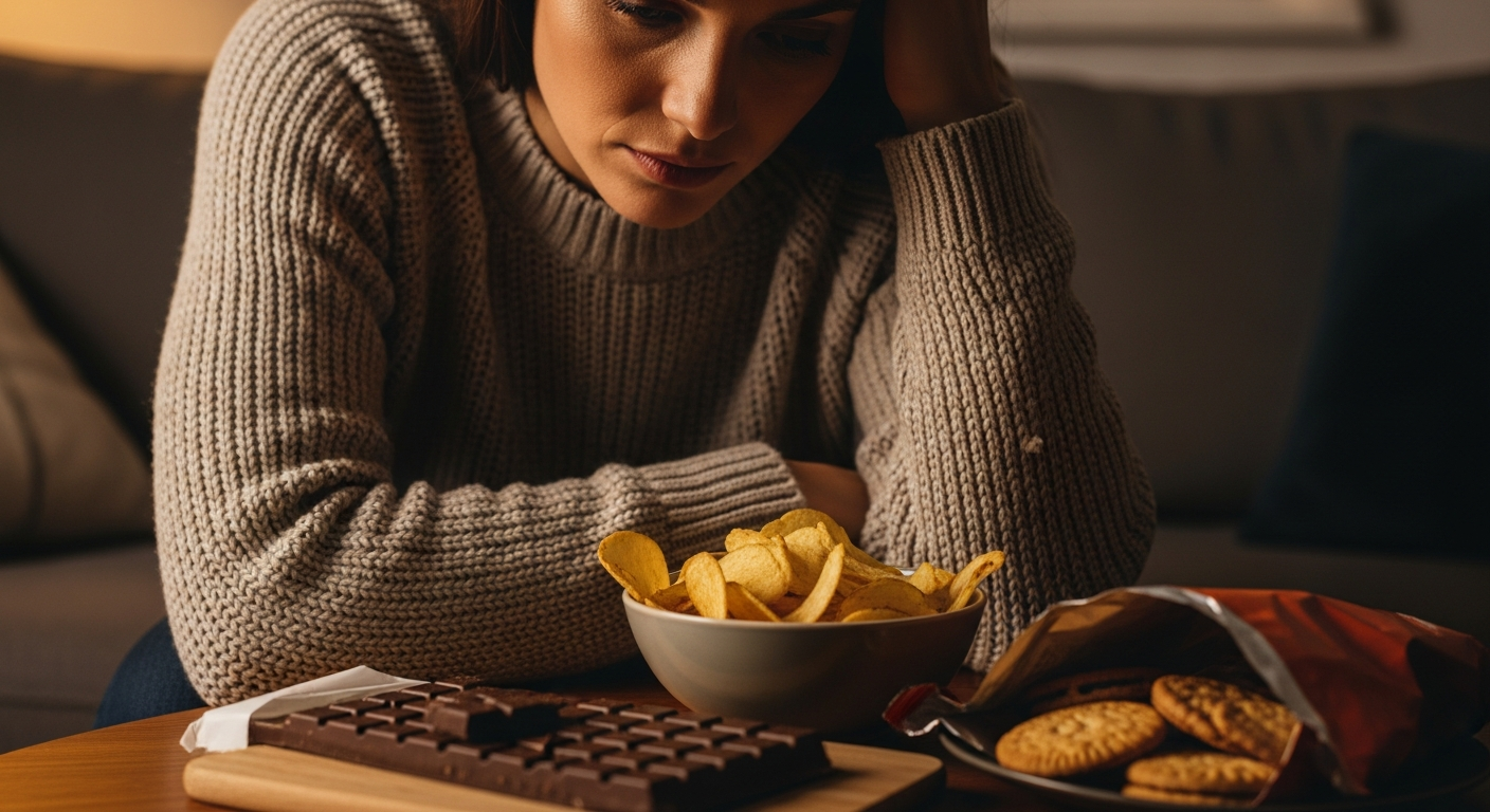 Woman sitting alone looking thoughtfully at comfort food, representing the emotional eating struggle.