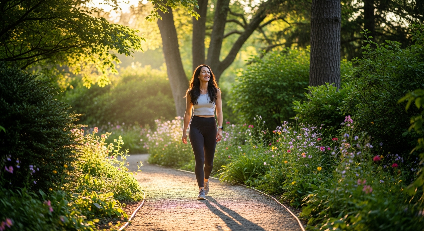 Woman walking confidently through a beautiful park, representing freedom from emotional eating.