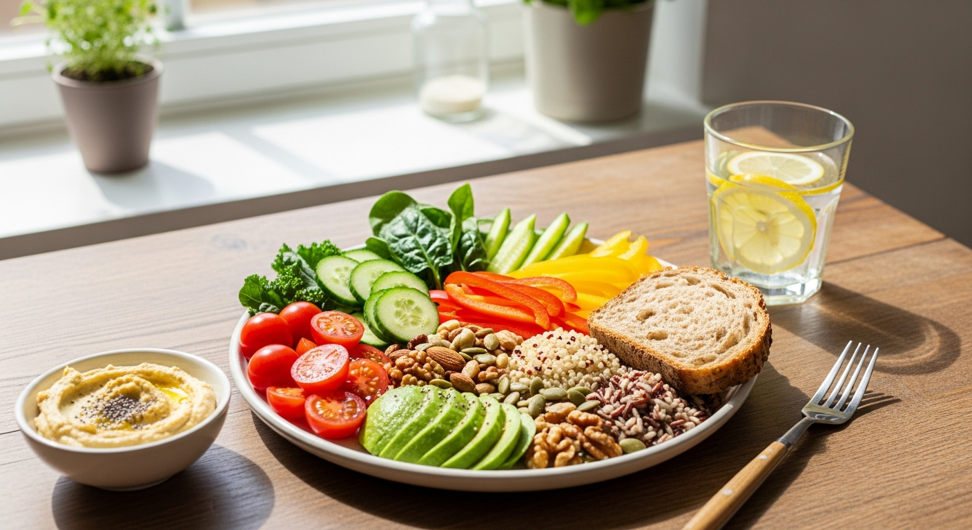 A balanced, colourful healthy meal beautifully presented, representing a healthy relationship with food.