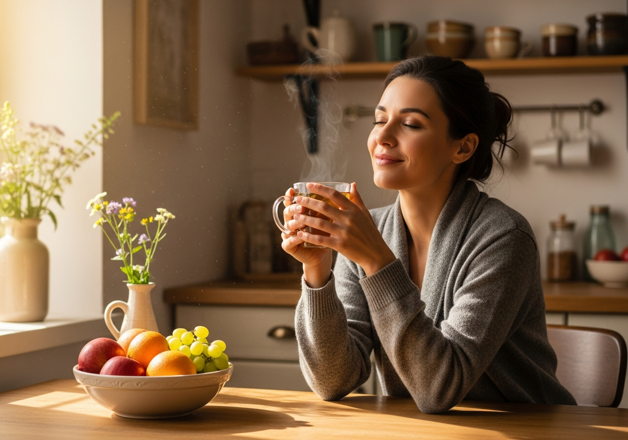 Woman feeling calm and at peace with food, representing freedom from emotional eating patterns.