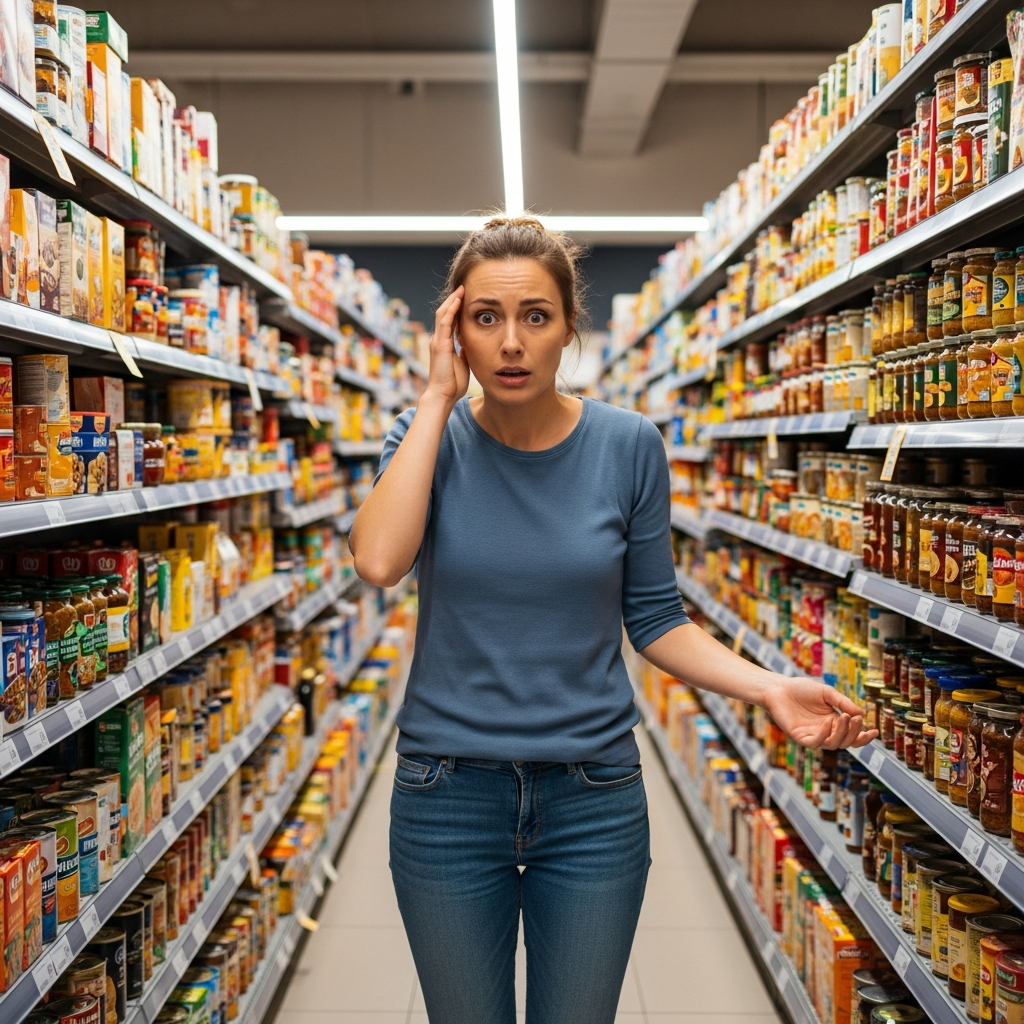 Woman looking overwhelmed by constant food thoughts, representing the food noise struggle.