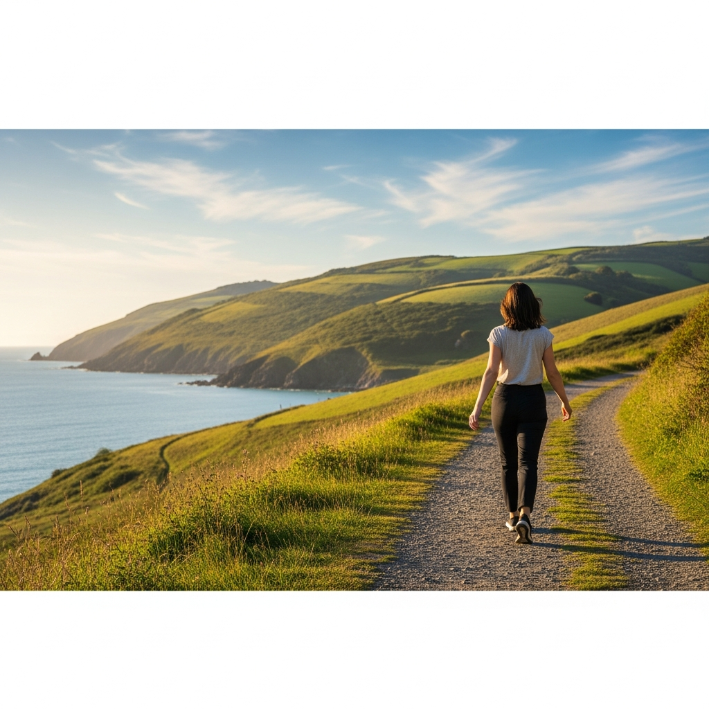 Woman walking confidently along a coastal path, representing freedom from food noise.