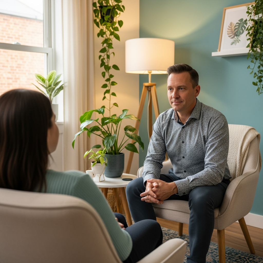 Calm hypnotherapy session — therapist and client in a peaceful, professional setting.