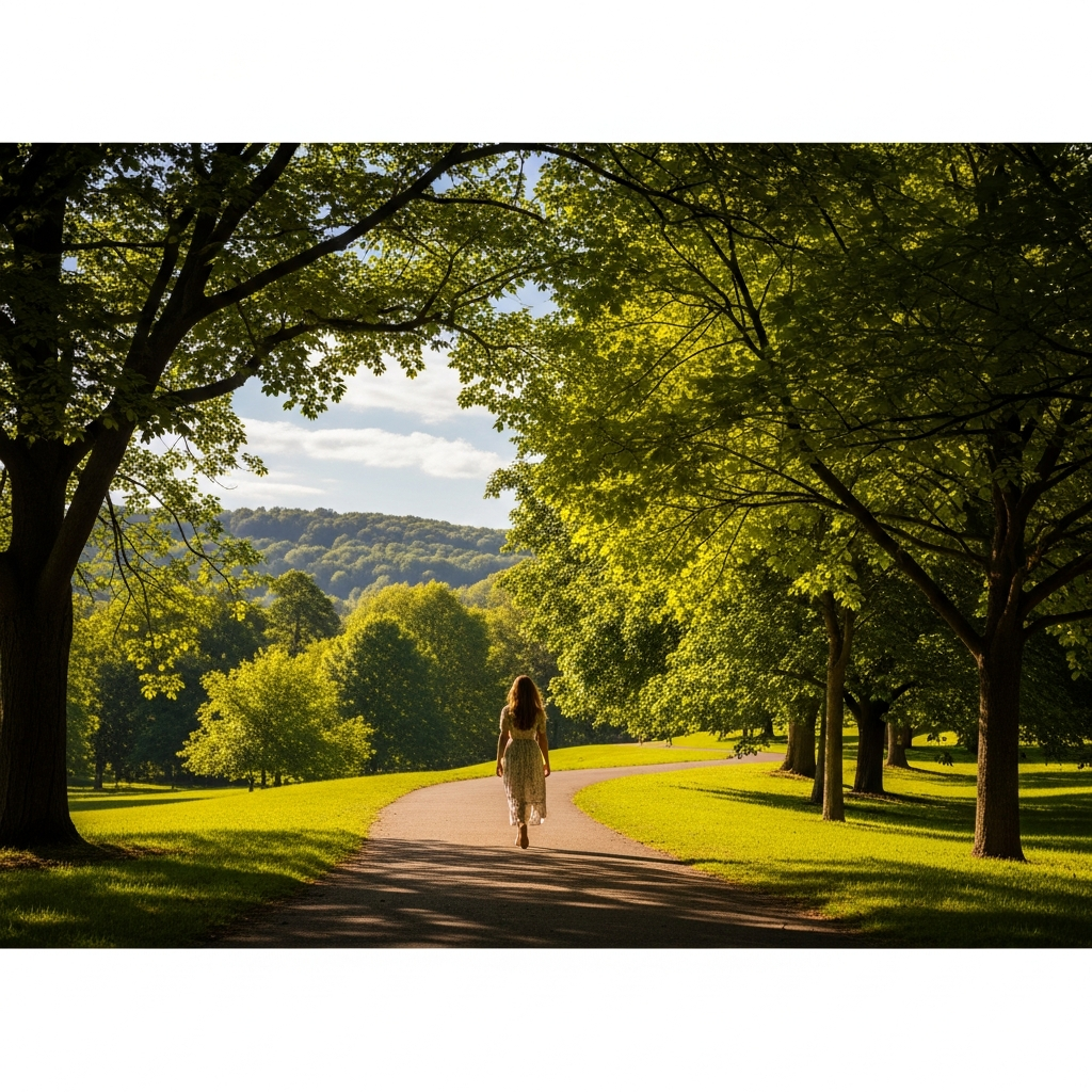 Woman walking confidently through a park, representing freedom and wellbeing after weight loss transformation.