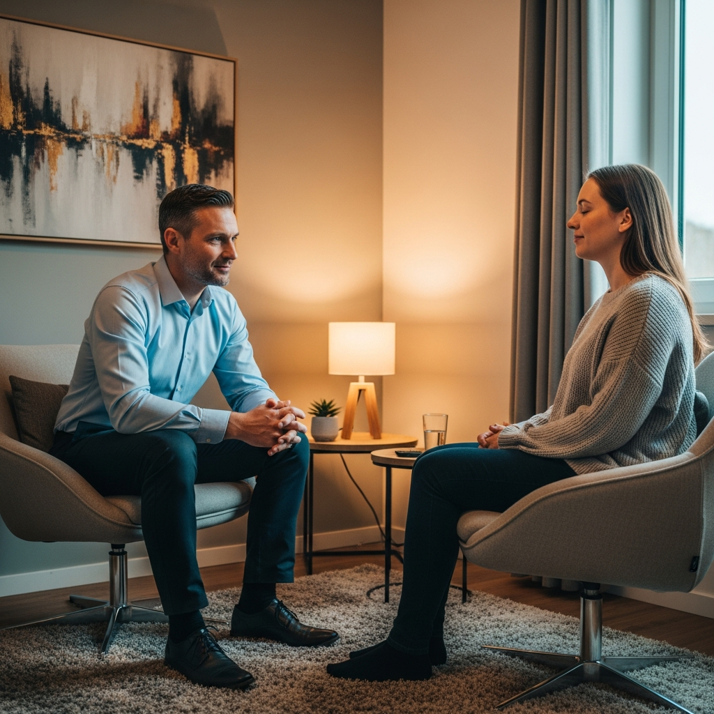 Hypnotherapy session for the Hypno Gastric Band — therapist and client in a comfortable, relaxed setting.