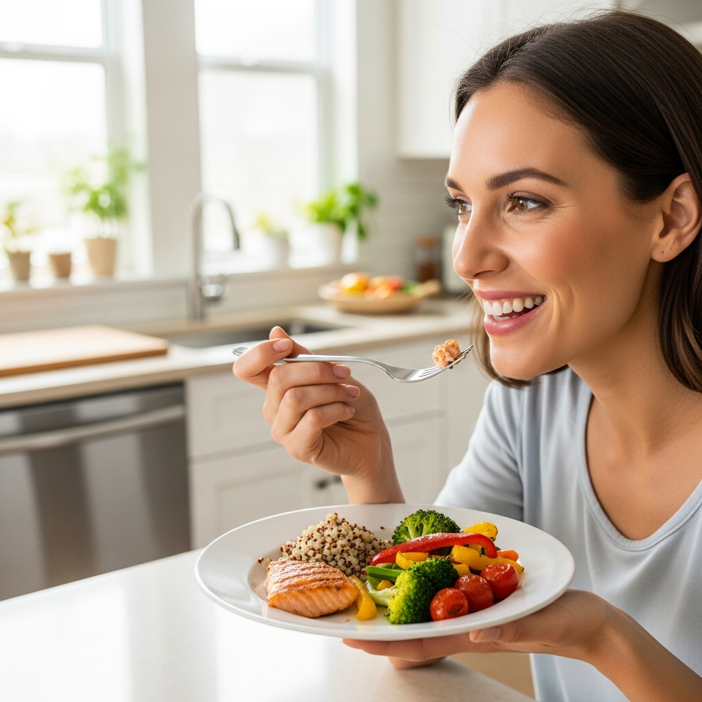 Woman eating a small, satisfying portion — representing the natural portion control achieved through the Hypno Gastric Band.