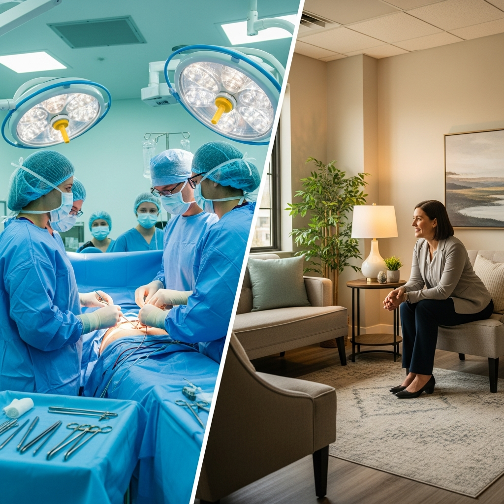 Comparison between a clinical surgical environment and a calm therapy room — representing the Hypno Gastric Band alternative.