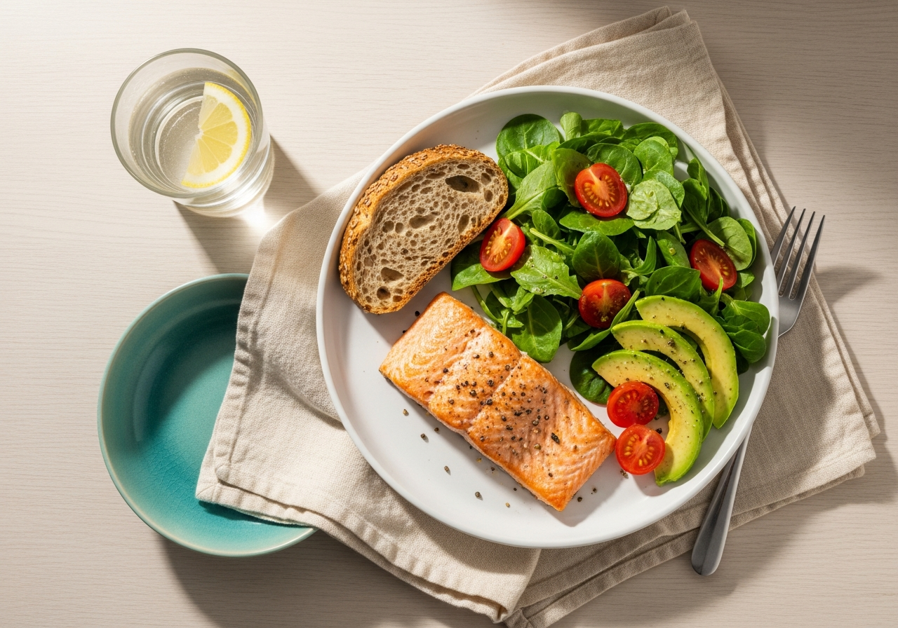 A calm, balanced meal — representing a steady, confident relationship with food after GLP-1 medication.