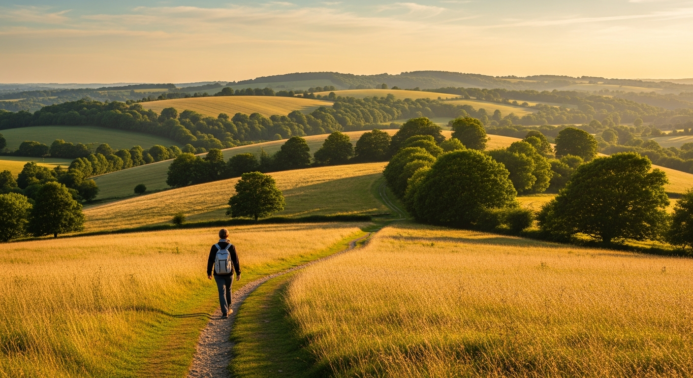 Person walking confidently along a sunlit path, representing calm long-term confidence after GLP-1 medication.