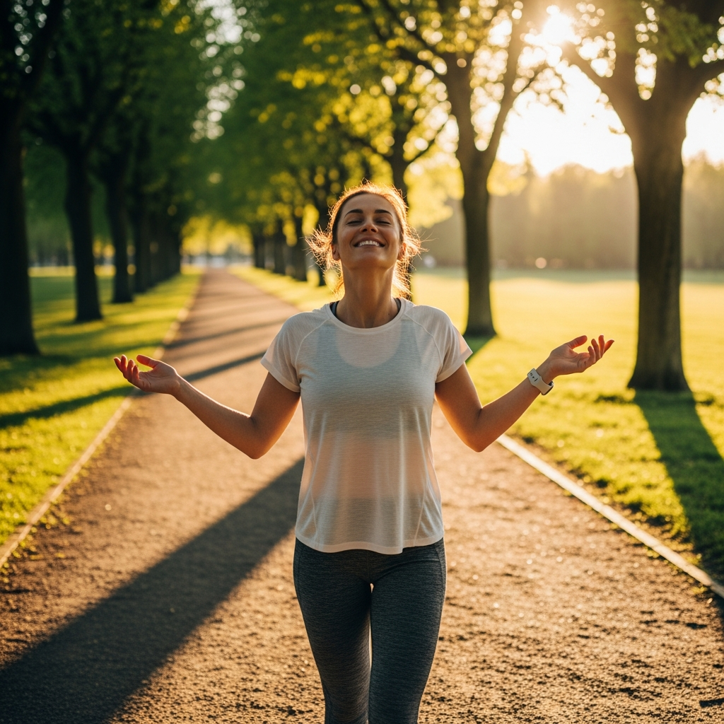 Woman walking confidently through a park, representing freedom and wellbeing after weight loss transformation.