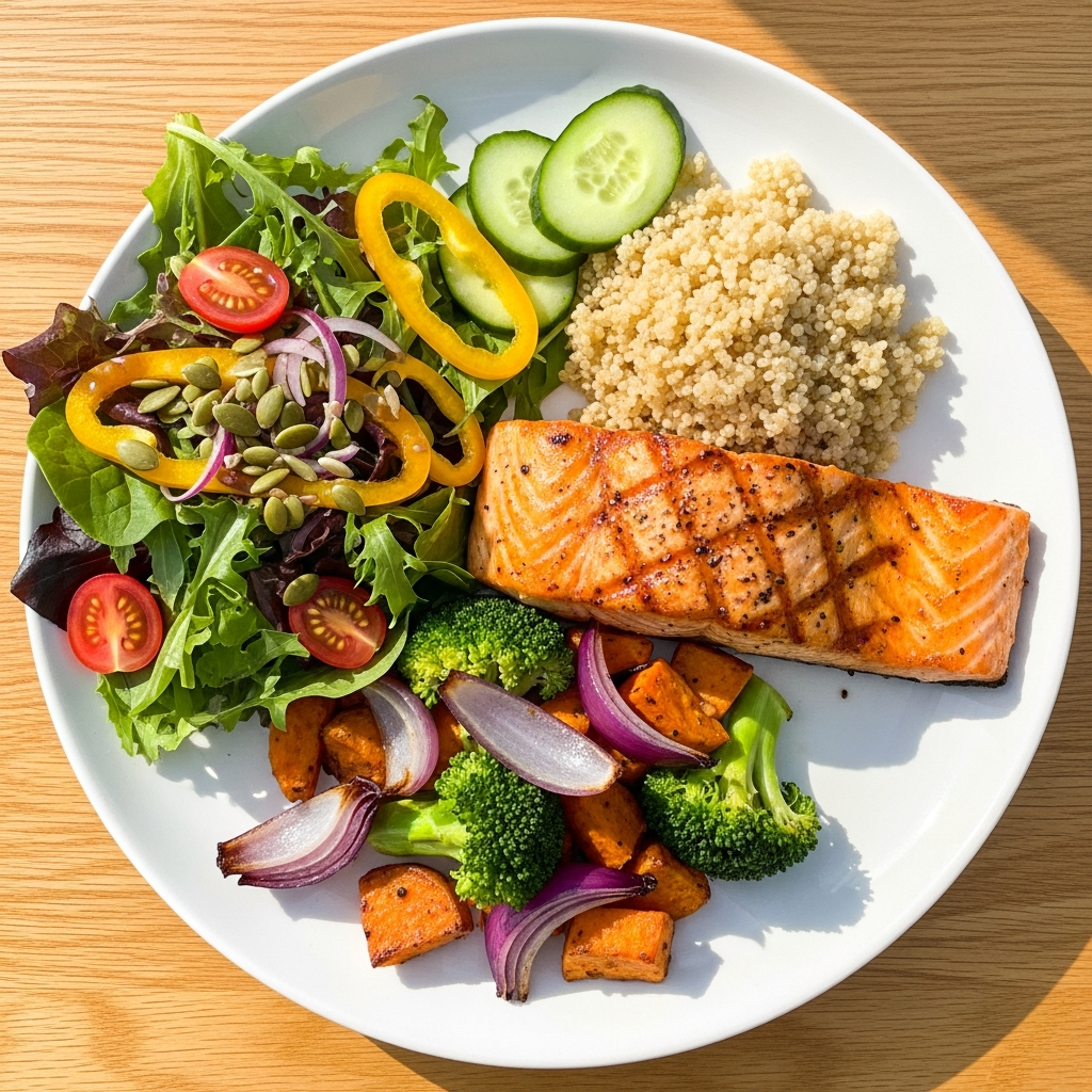 A beautifully presented balanced healthy meal, representing a positive relationship with food and weight management.