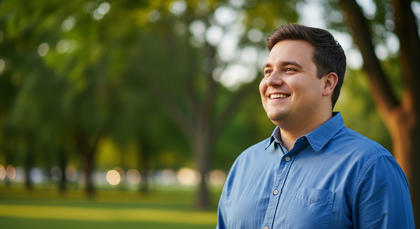 Friendly man smiling outdoors, representing a hopeful weight management journey through virtual weight loss jab hypnotherapy.