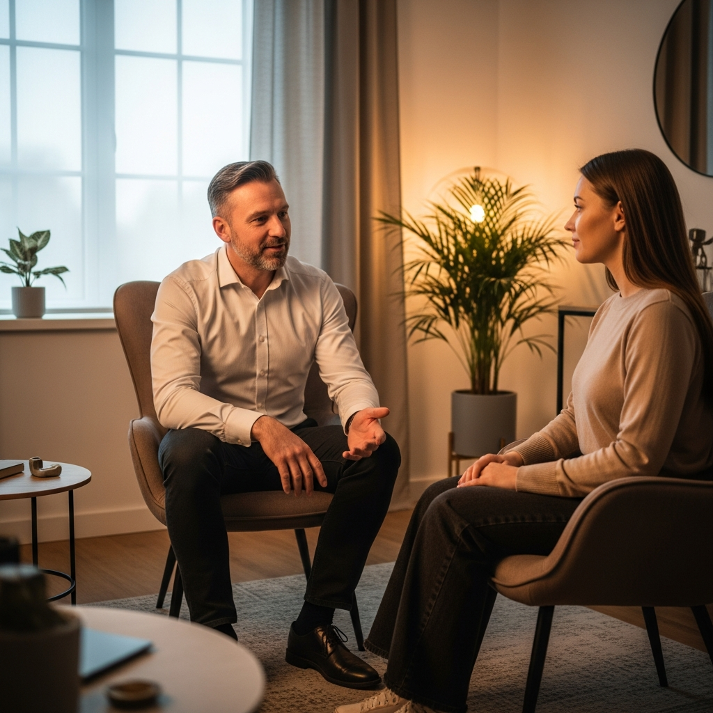 Calm hypnotherapy session for weight management, with therapist and client in a comfortable setting.