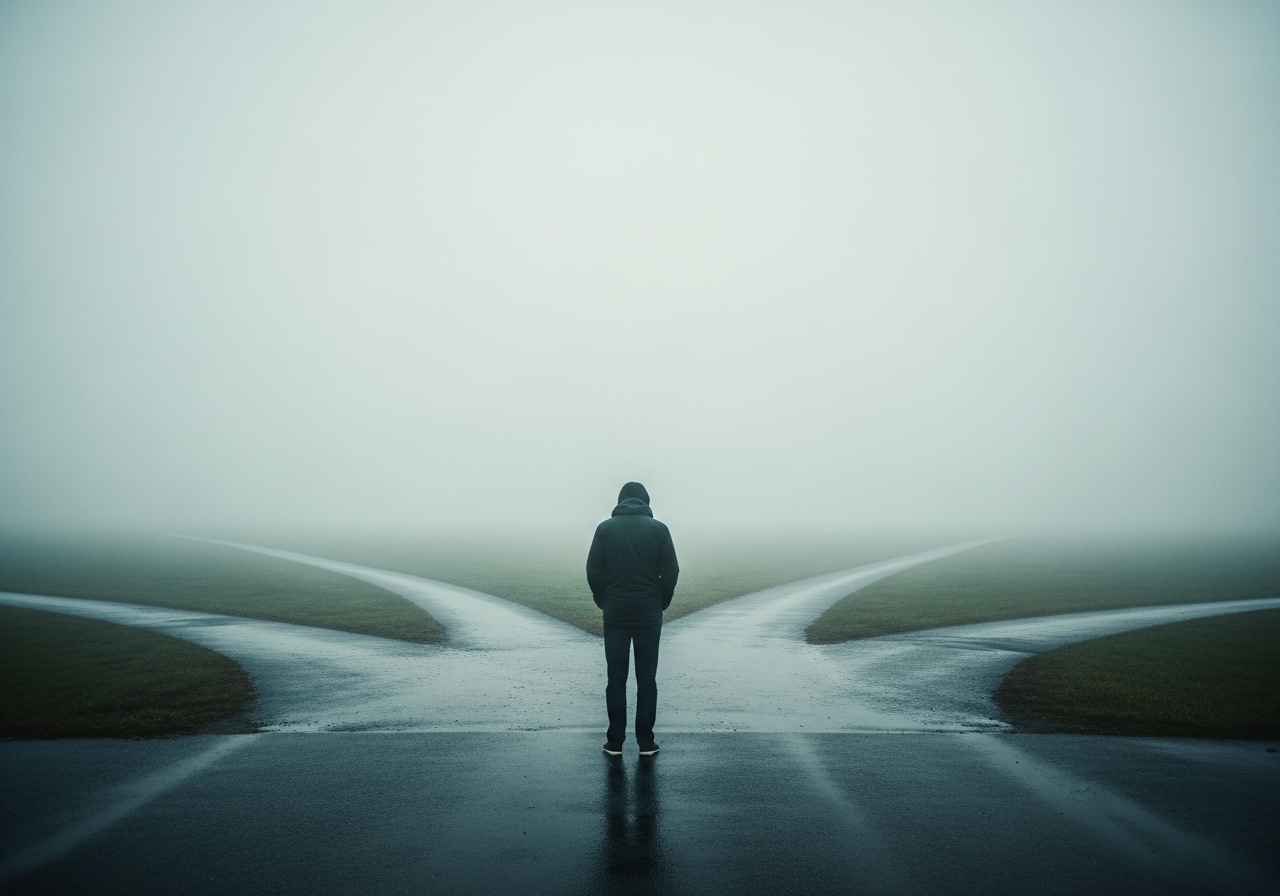 Standing at a crossroads — the mental paralysis of low motivation that hypnotherapy helps overcome.