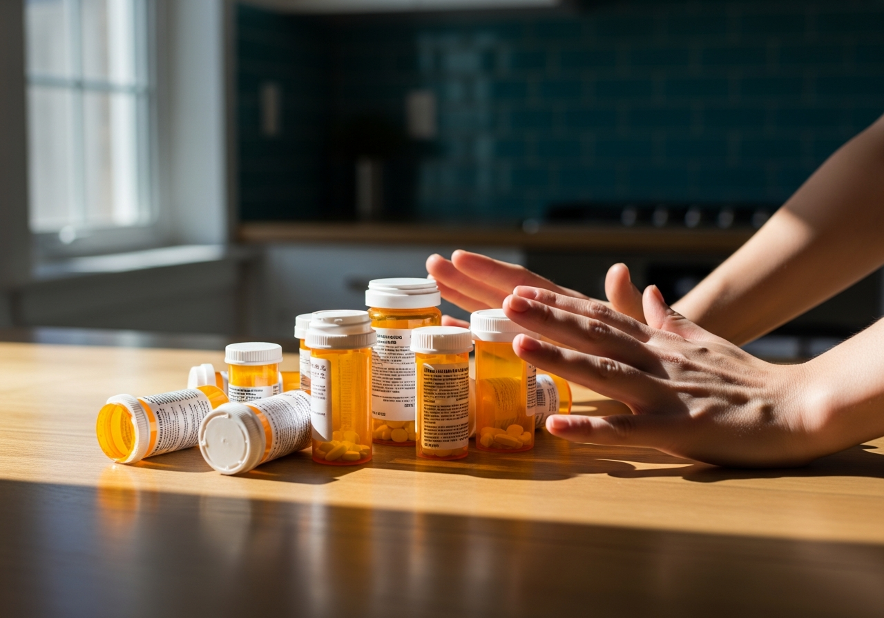 The weight of opioid dependence — prescription bottles representing the cycle that hypnotherapy helps break.
