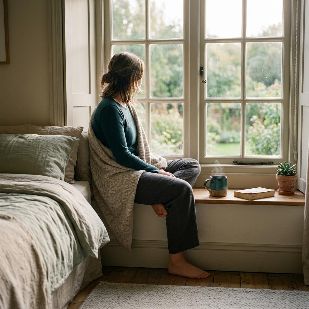 Young person sitting quietly by a bright window