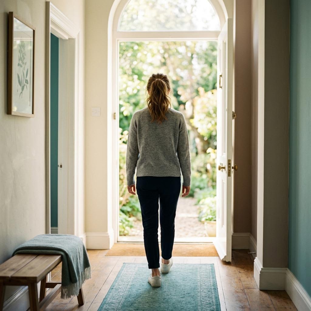 Young person walking towards a sunlit doorway