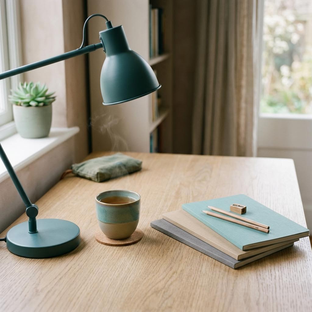 Calm study desk with notebooks and a pencil