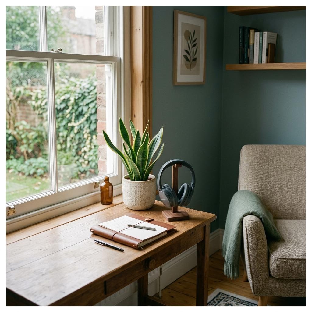 Tidy study corner beside a bright window