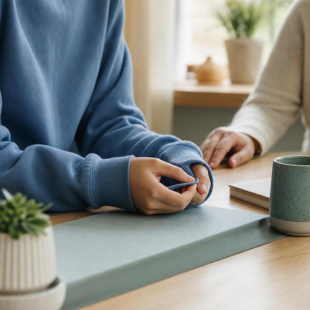 Young person's hands gently fidgeting while a supportive adult hand rests nearby