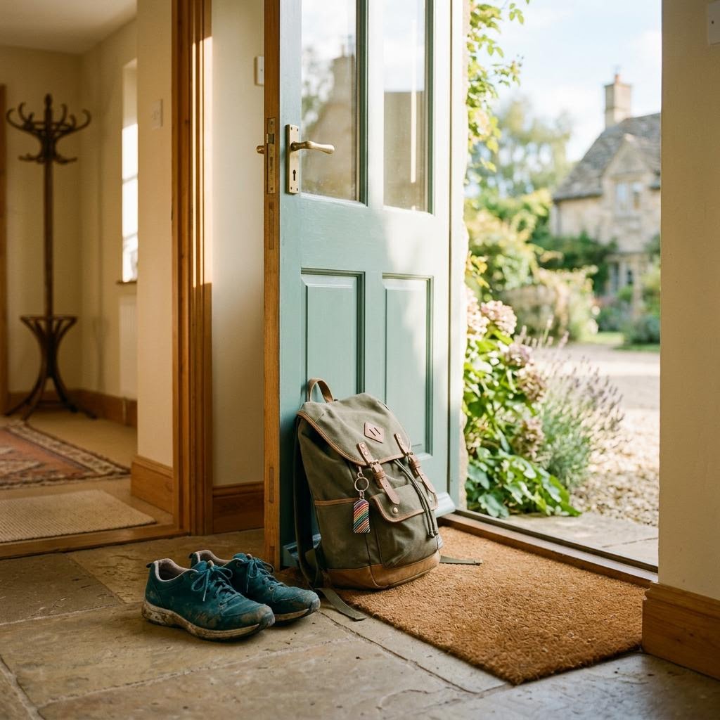 Backpack and shoes beside an open front door