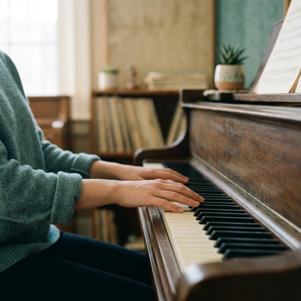Musician's hands resting on piano keys