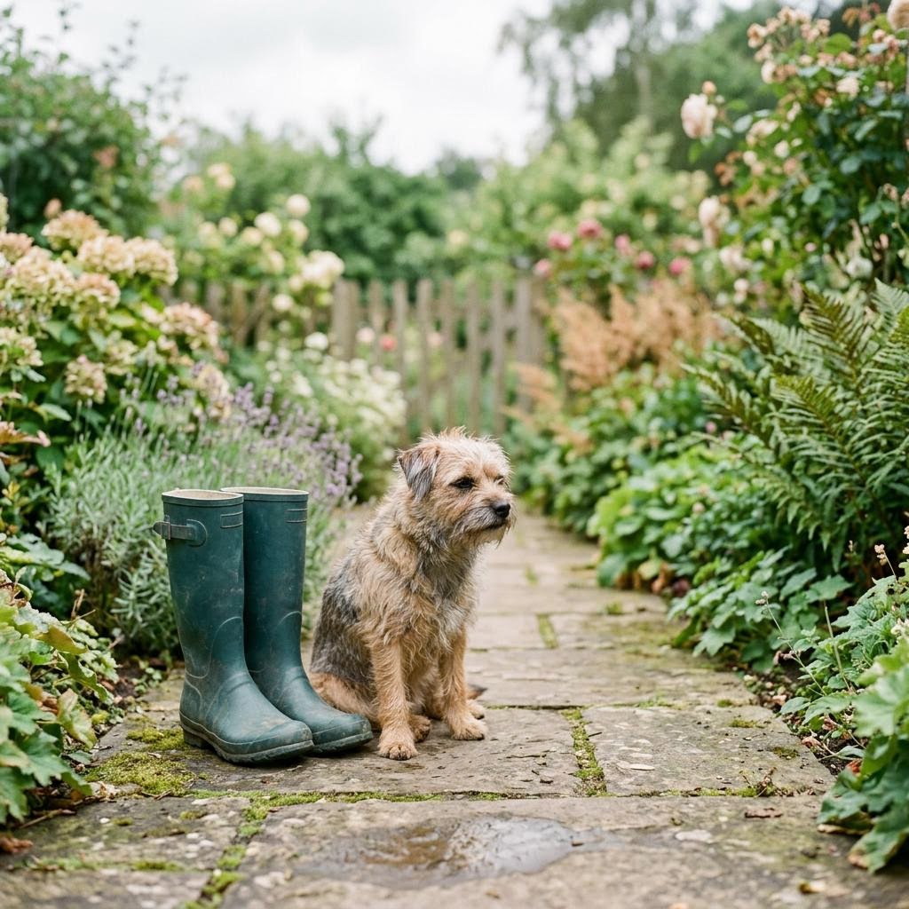 Small dog sitting calmly in a garden