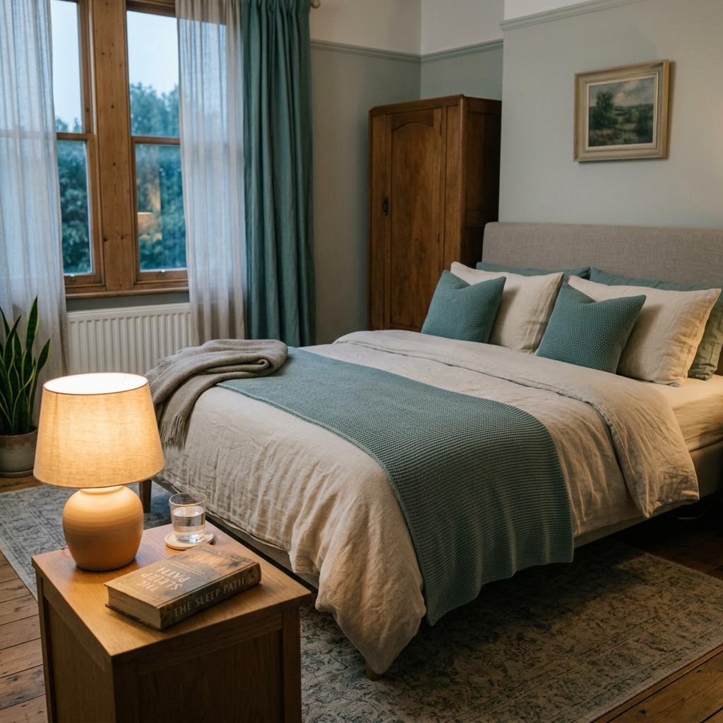 Softly lit restful bedroom at dusk