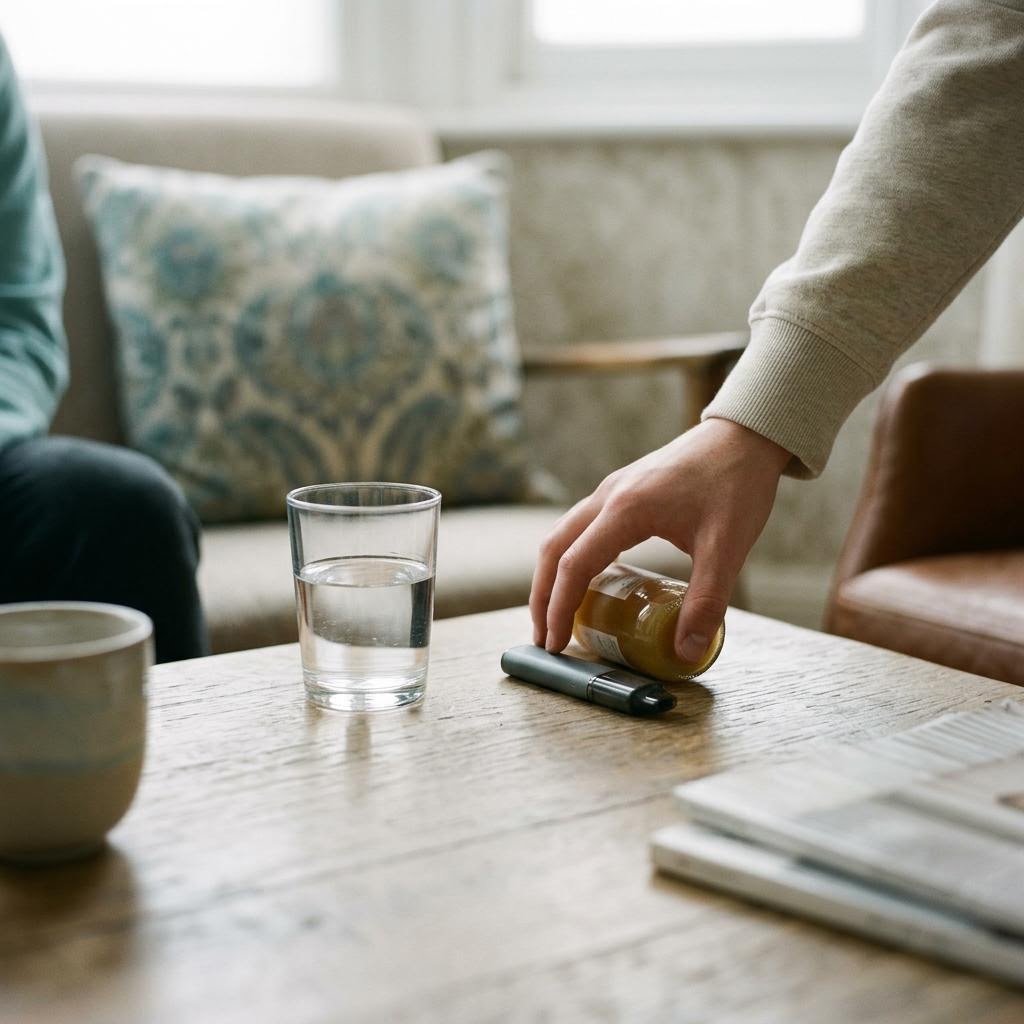 Hand setting down a vape beside a glass of water