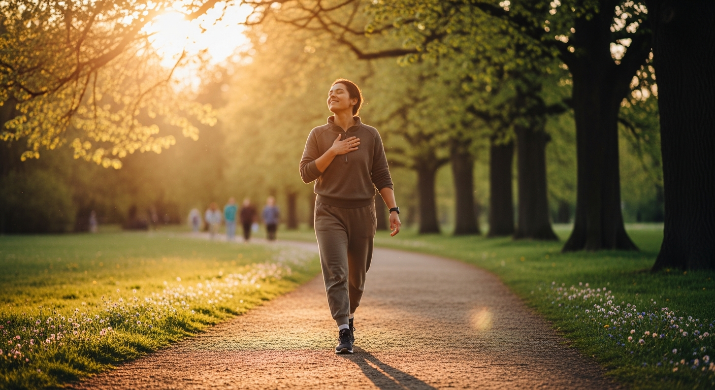 Person walking confidently through a sunlit park, representing freedom from overeating and a healthier relationship with food.
