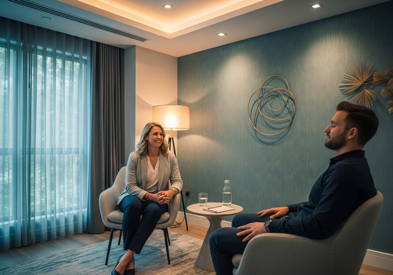 Professional hypnotherapy session for portion control and overeating in a calm, modern therapy room.