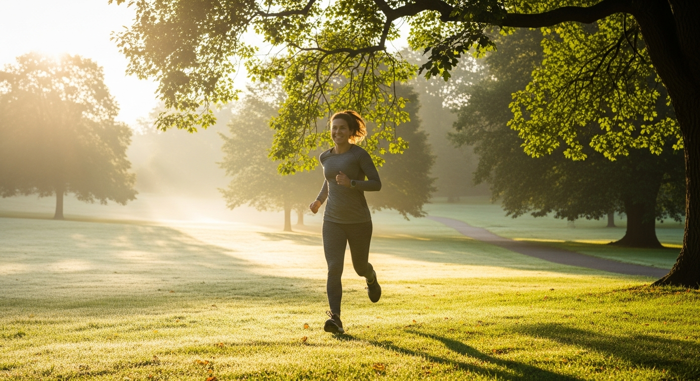Person jogging through a beautiful park, representing freedom from sugar addiction and a healthier lifestyle.