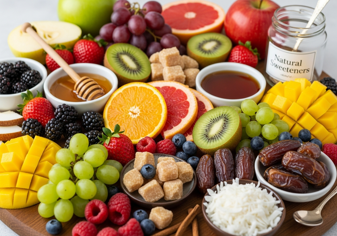 Fresh wholesome foods replacing sugar — representing freedom from sugar addiction through hypnotherapy.