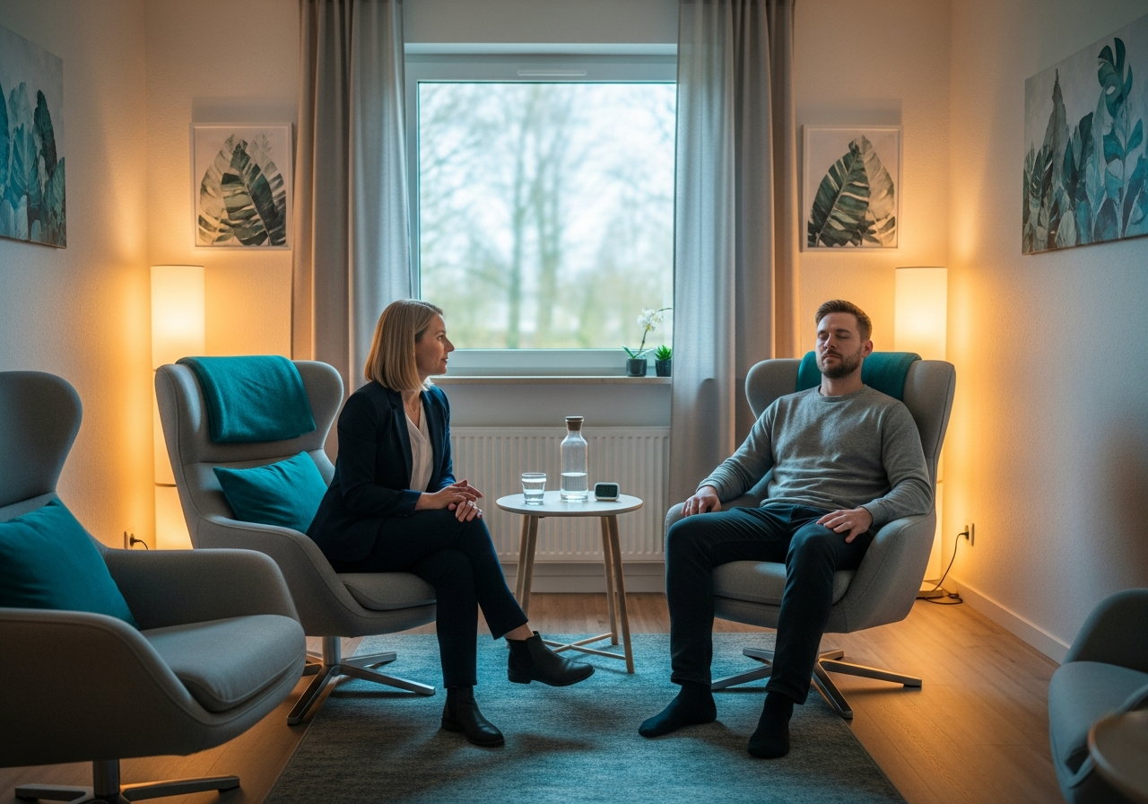 Professional hypnotherapy session for sugar addiction in a calming therapy room.