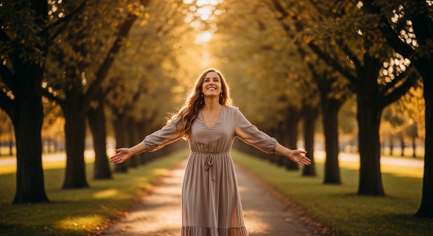 Woman walking confidently along a tree-lined path, representing freedom and transformation after the Virtual Weight Loss Jab.