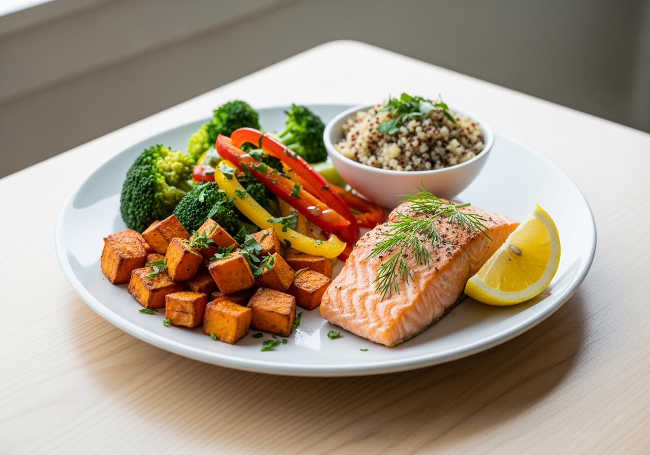 Healthy balanced meal representing natural appetite control through the Virtual Weight Loss Jab hypnotherapy.