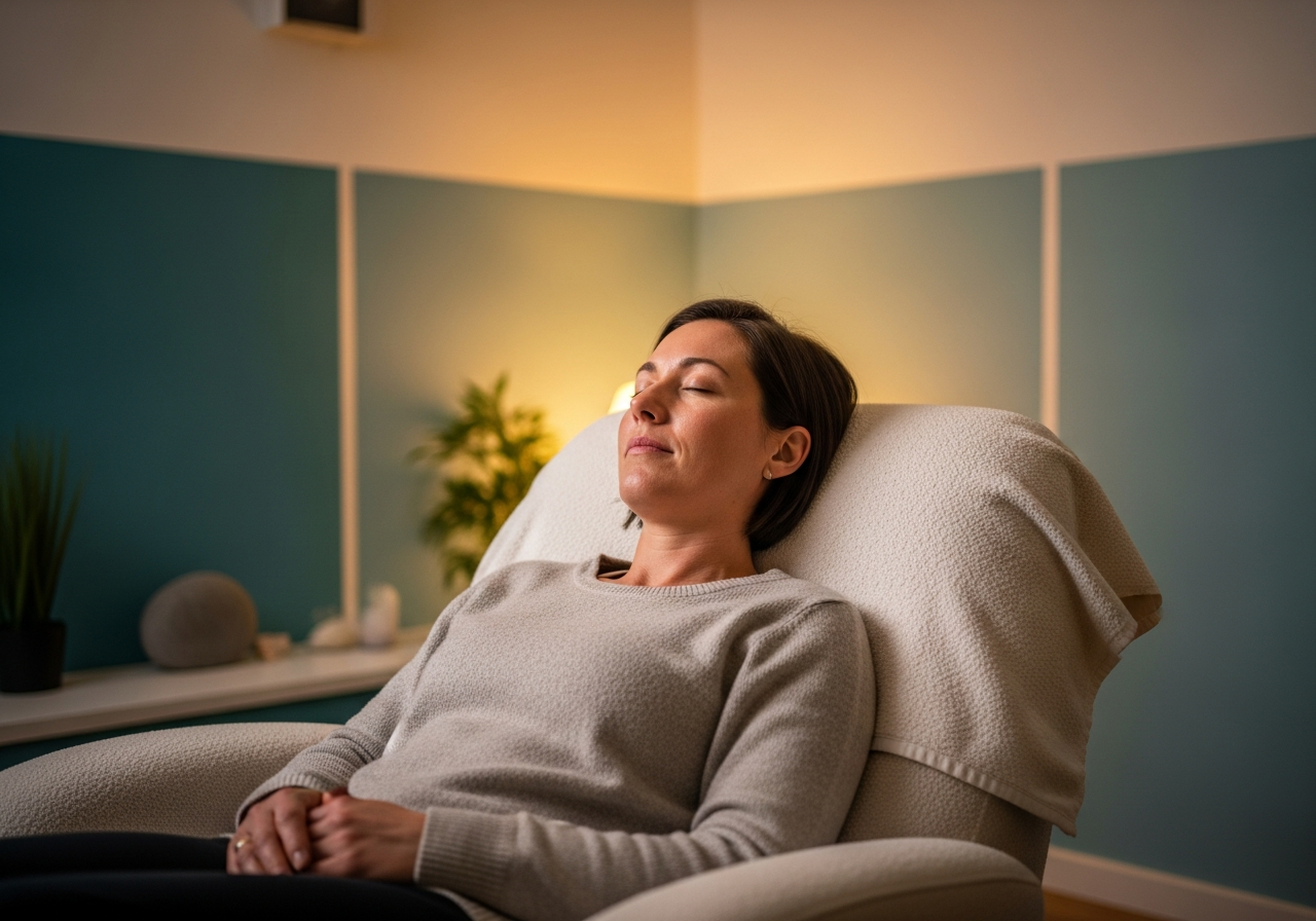 Relaxing hypnotherapy session for the Virtual Weight Loss Jab technique in a calming therapy environment.